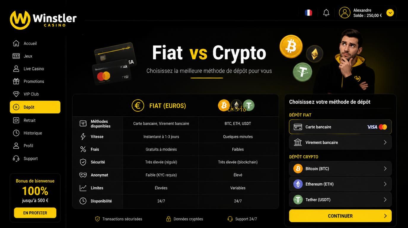 Comparaison visuelle entre dépôt en euros et en cryptomonnaies