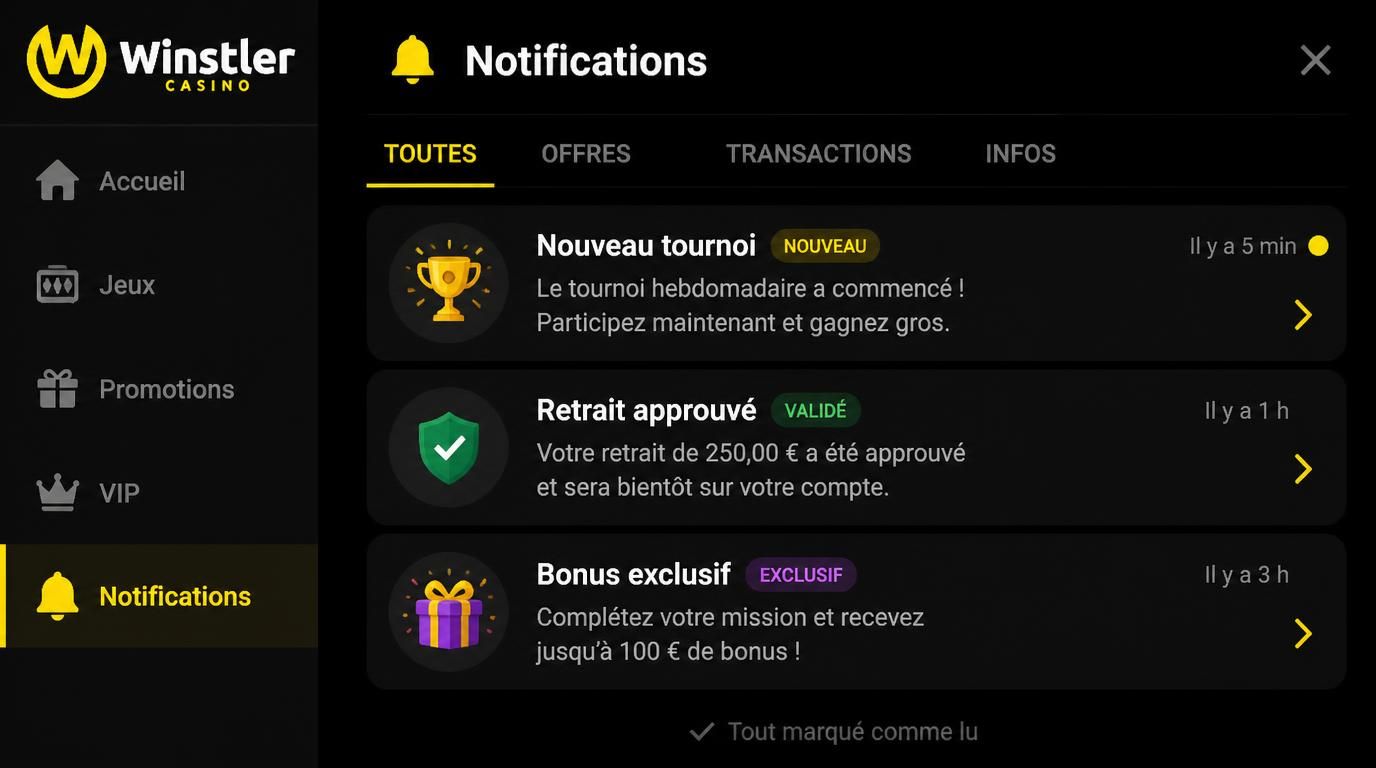 Notifications push montrant alertes de tournoi et bonus